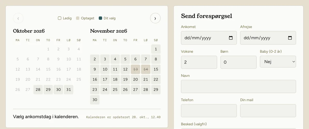Kalender og forespørgselsformular på Huset i Nørlevs hjemmeside